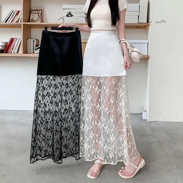 韩系蕾丝拼接设计肌理感半身裙女2025新款高腰显瘦遮胯a字中长裙