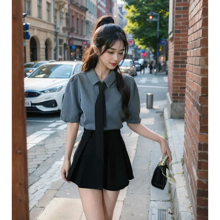 学院风宽松简约休闲短袖polo领配领带泡泡袖短款衬衫上衣半裙套装