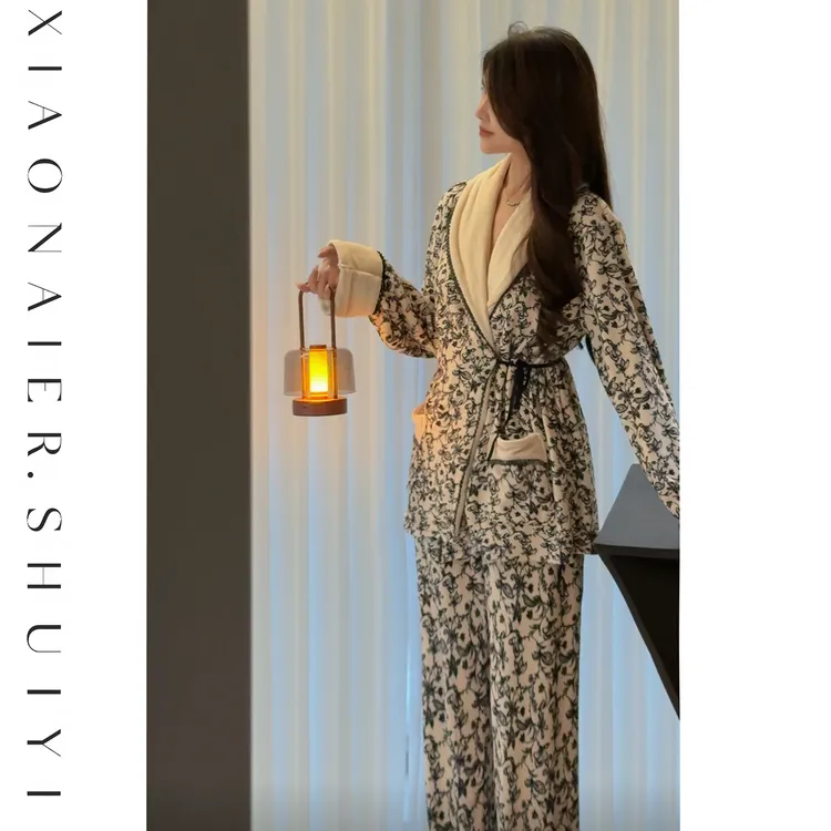 【半梦花屿】秋冬海岛绒保暖睡袍长裤女显瘦可外穿高级睡袍