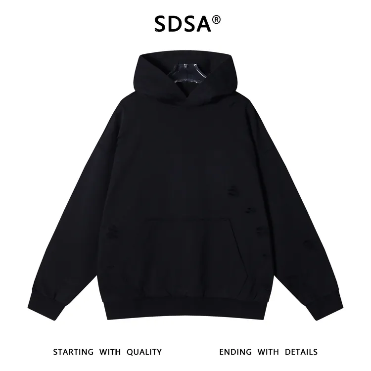SDSA男士秋冬新款痞帅男装韩版纯色裁剪破洞连帽卫衣时尚情侣上衣