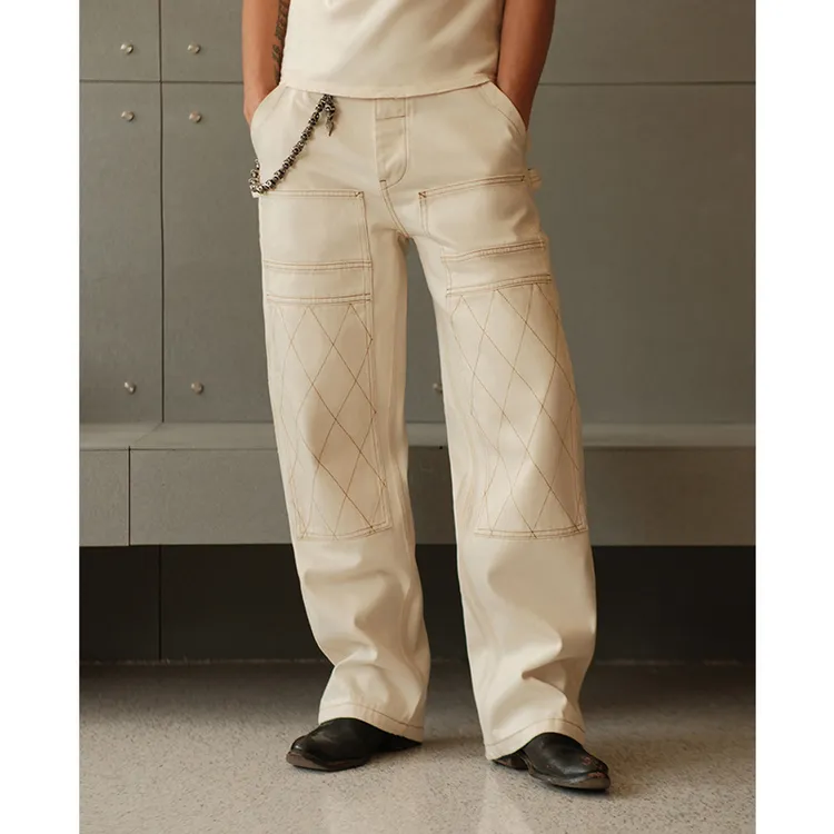 膝井下工装机车赤耳丹宁阔腿裤 美式复古白色牛仔裤MBBCAR窄幅