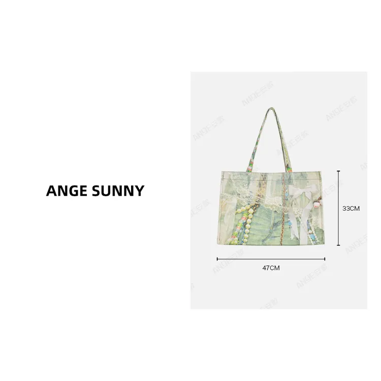 ANGE SUNNY【蕾丝印花帆布包】单肩拉链开合蝴蝶结装饰包