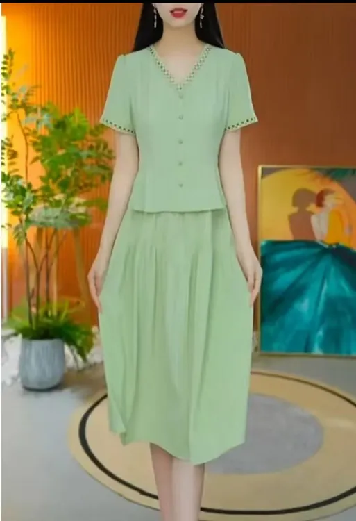 X0679 夏新款显瘦短袖假两件洋气减龄遮肉修身气质中长款A字裙