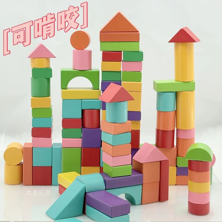 幼儿童木质积木玩具早教益智形状配对认知启蒙彩色大颗粒实木积木