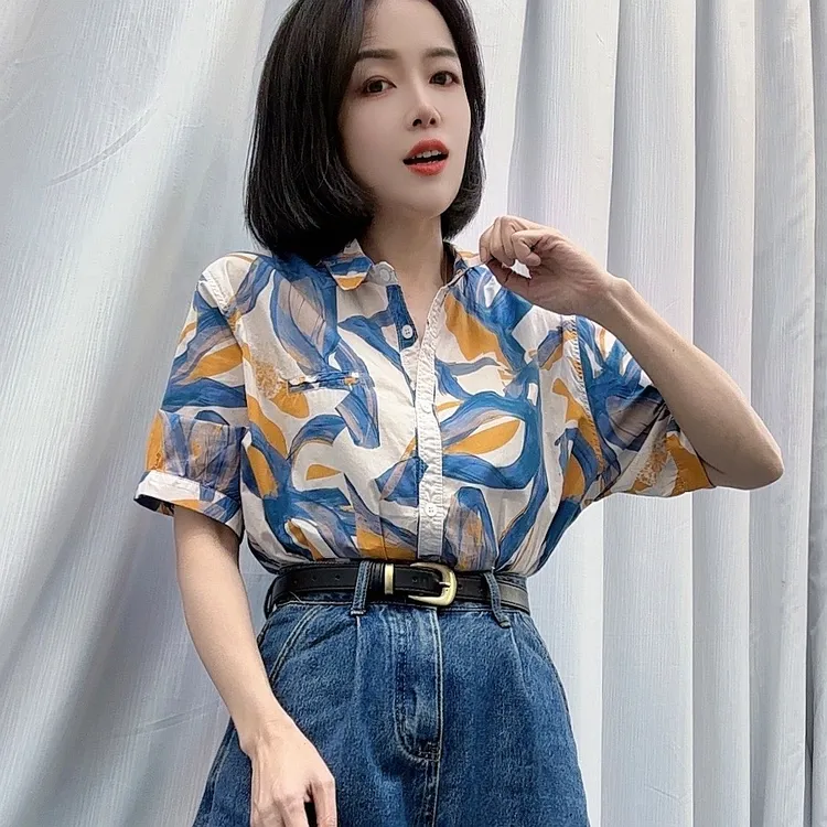 H889特色印花棉衬衫女2025春新款时尚休闲减龄显瘦百搭短袖衬衣潮