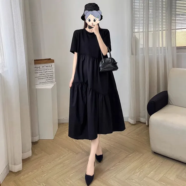 黑色短袖赫本风连衣裙女夏季2025新款韩版宽松显瘦大码中长款裙子