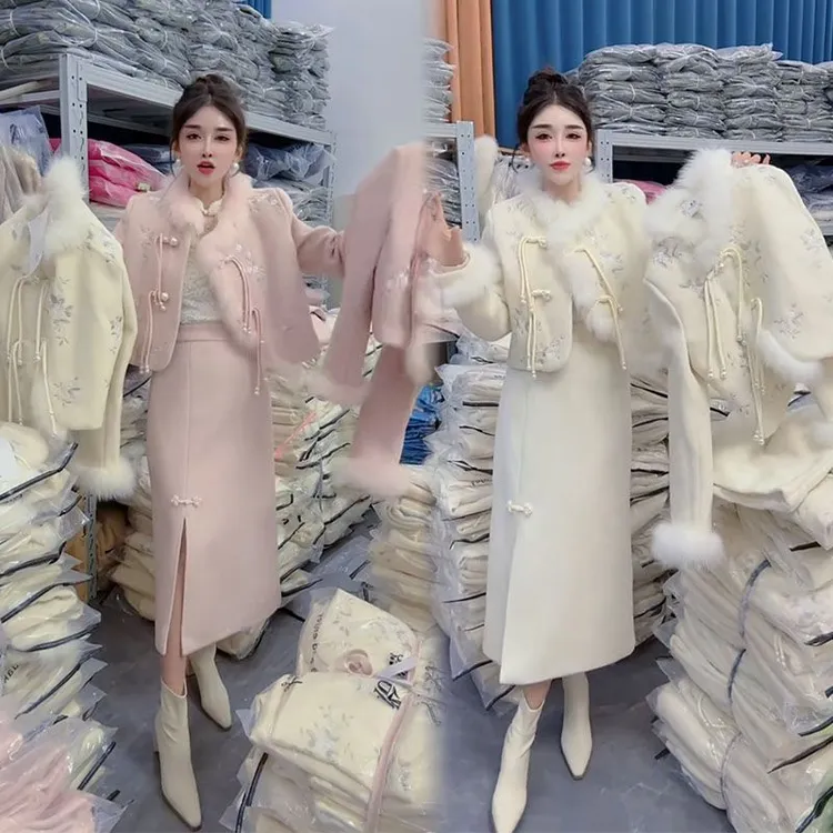 高级感加棉新中式上衣+显瘦一步裙优雅范国风套装2024年冬季新款