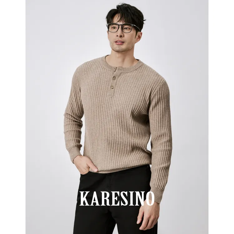 KARESINO秋冬季保暖亨利领针织衫男士休闲百搭圆领毛衣羊毛衫男款