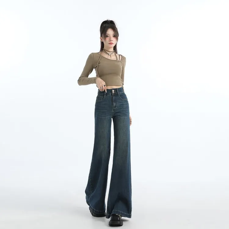 新款高腰牛仔裤春季拖地裤宽松2025年弹力潮流百搭气质女阔腿怀旧