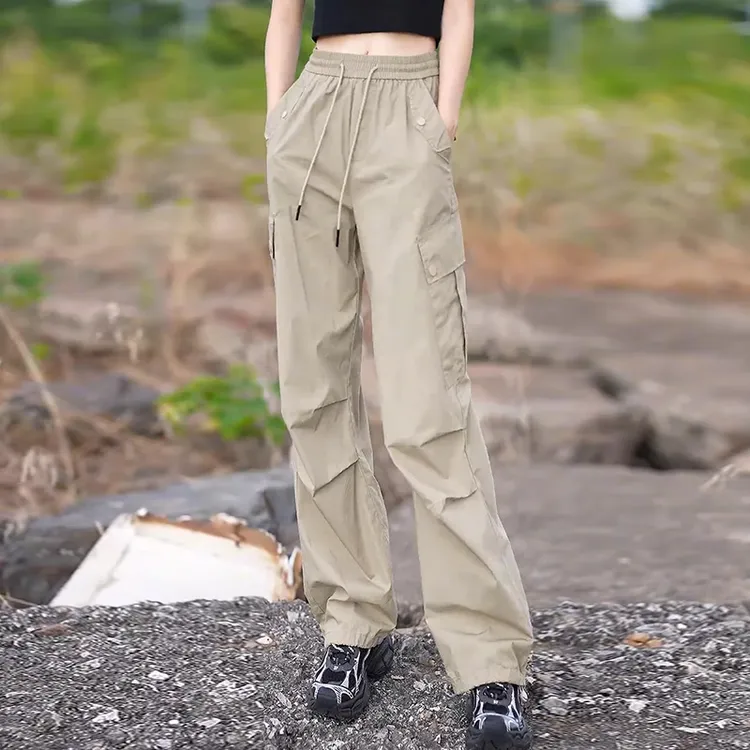 拉夏贝尔美式直筒工装裤女2025夏季新款松紧腰宽松休闲运动束脚裤