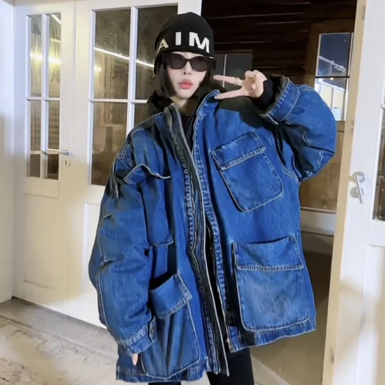 【木棉】欧货韩版秋季复古做旧洗水设计感多口袋工装牛仔羽绒服G003