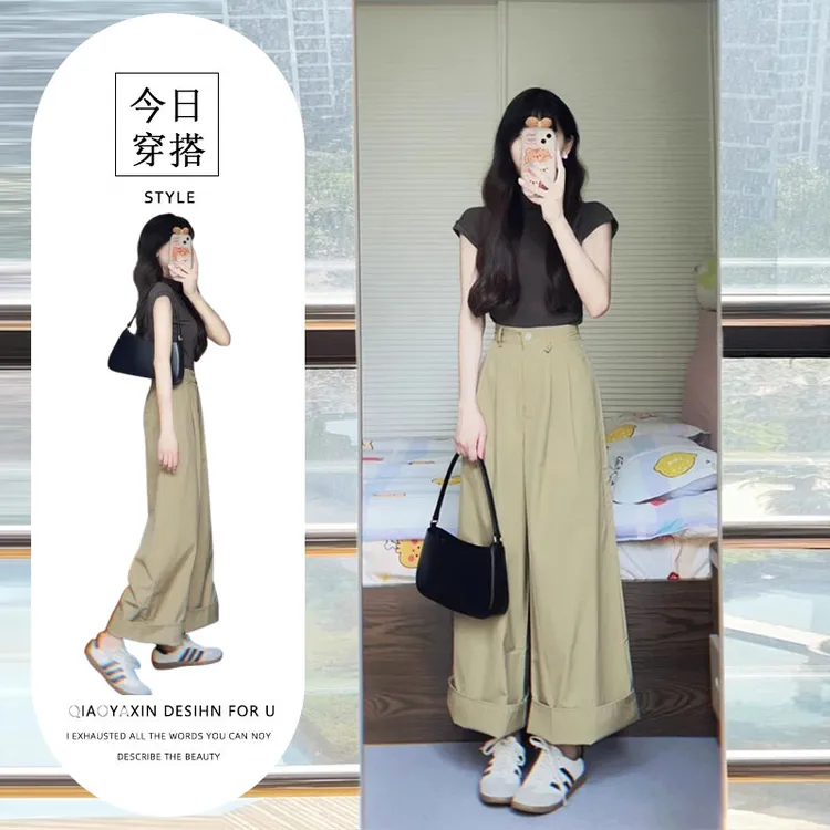 温柔系炸街奶乖梨形身材穿搭套装御姐炸街上衣阔腿裤两件套女夏装