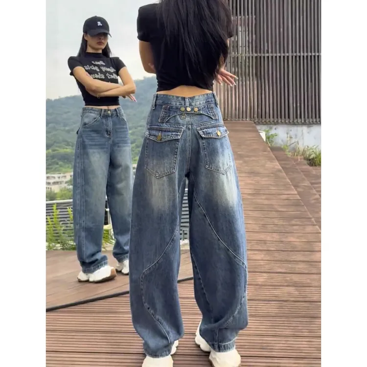 大码弯刀阔腿牛仔裤女秋季2025新款胖mm显瘦宽松美式高街直筒裤子