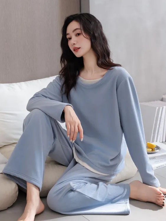 睡衣女秋冬款冬季假两件海岛绒家居服蓝色高级感法兰绒套装珊瑚绒