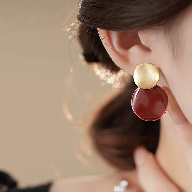 纯铜耳饰 （红运）港风小众气质拉丝圆片复古安哥拉红无耳洞耳夹款