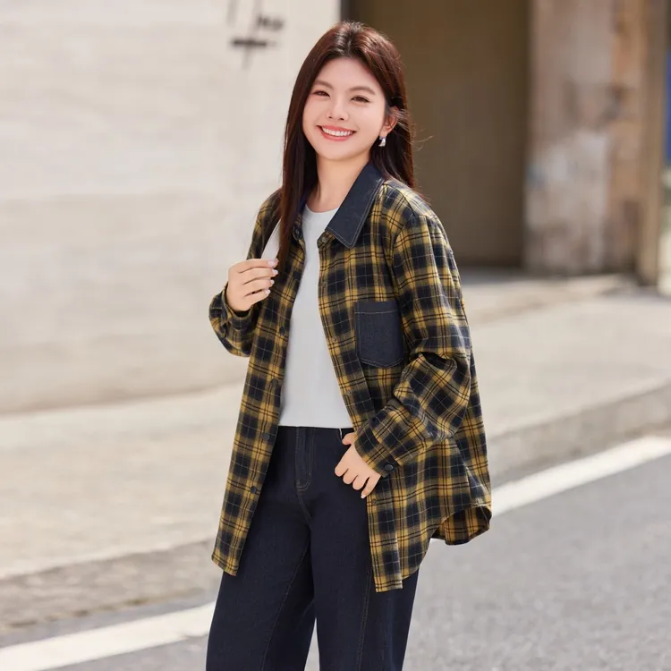 【现货-复古磨毛格子衬衫】MsShe大码女装秋拼接仿牛仔外套Q2509013