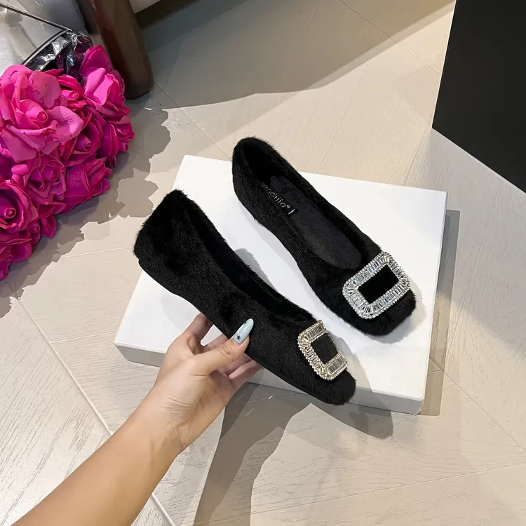 新款水钻2025年毛毛女秋冬外穿女内增高保暖加绒冬软底单鞋平底