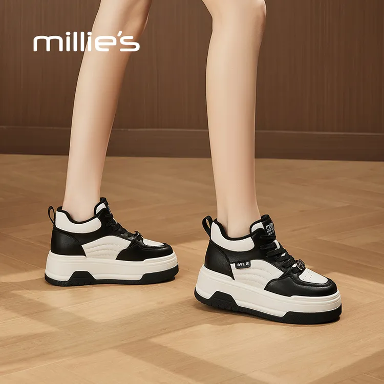 妙丽黑白熊猫板鞋女鞋2024新款冬季加绒厚底女士休闲鞋百搭高帮鞋