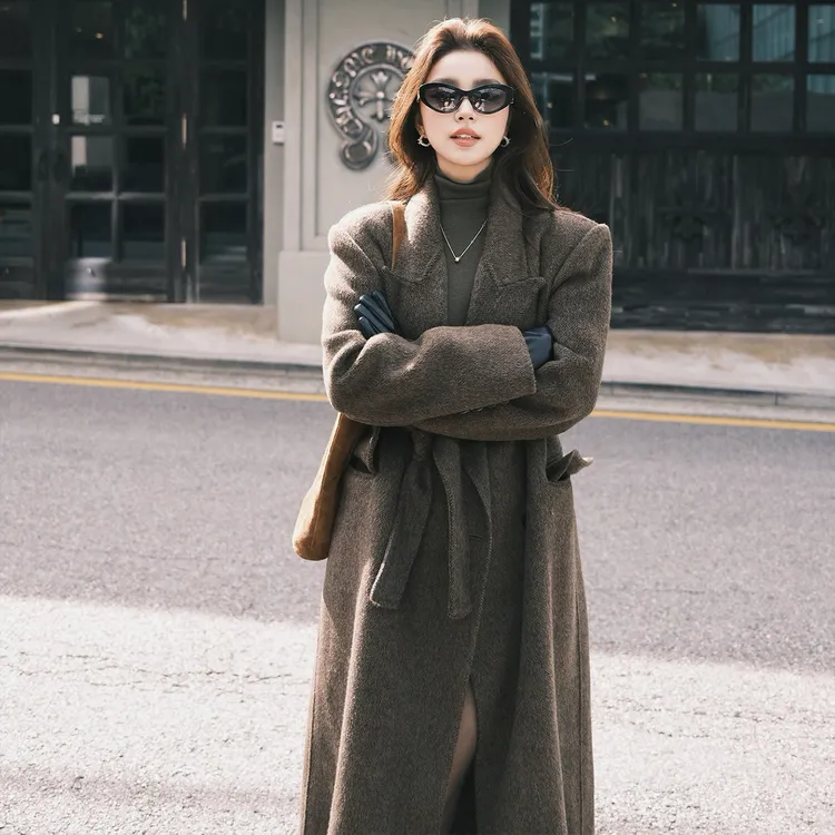 “韩剧大女主”API自留！70羊毛御姐风杂色人字纹正肩腰带大衣！