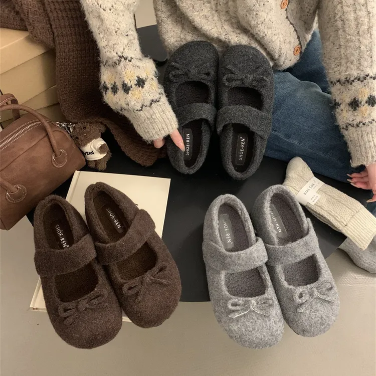 啄木鸟小香风灰色毛呢内增高加绒勃肯鞋子女厚底玛丽珍浅口毛毛鞋