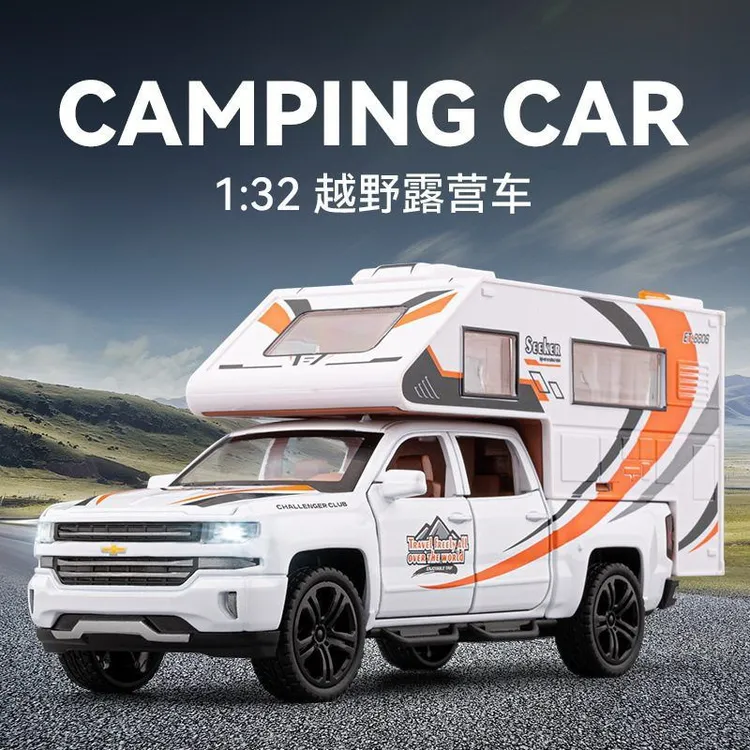 车致1:32越野露营房车合金声光开门回力汽车模型儿童玩具车DIY