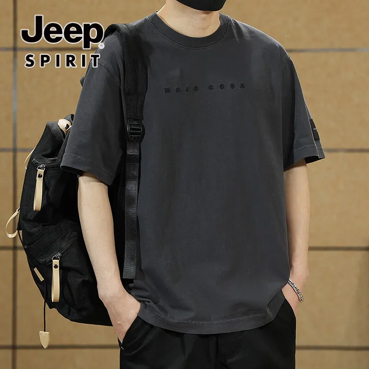 JEEPSPIRIT吉普美式重磅短袖T恤潮牌大码印花T恤男士纯棉圆领体恤