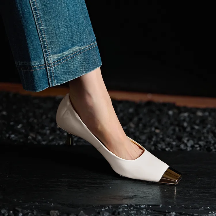 不累脚手工女鞋5cm~金属头高跟鞋新款气质小跟鞋法式方头细跟单鞋