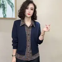 2025秋季新品女装时尚显瘦假两件设计感减龄拼接格子长袖上衣