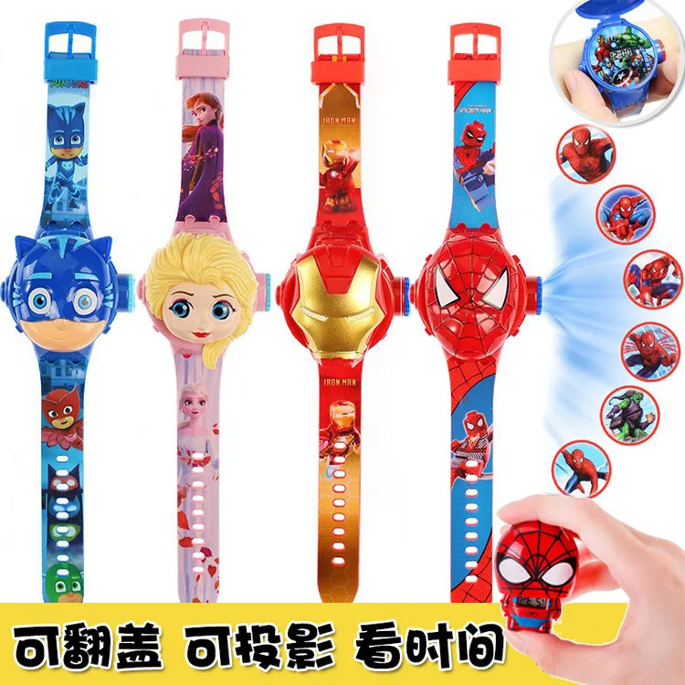 抖音直播货源动漫翻盖投影手表复仇者蜘蛛侠伸缩电子表儿童玩具礼