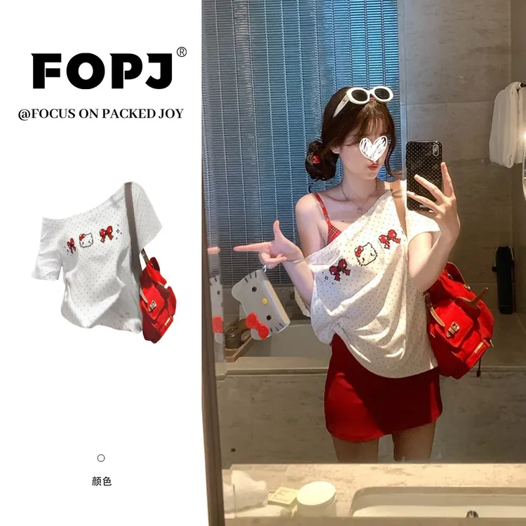 FOPJ刺绣款斜肩波点短袖T恤女日系kitty夏季纯欲风甜美短款上衣潮