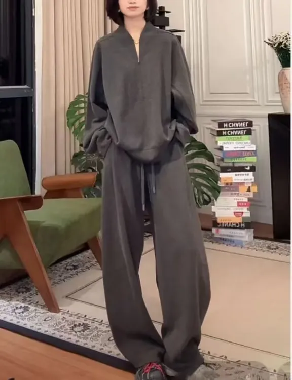 秋季新款莱赛尔半结构拉链卫衣套装宽松显瘦长裤套装女装1085