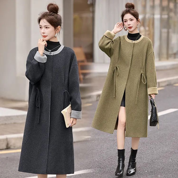 韩版气质双面羊毛大衣女2025秋冬新款抽绳系带宽松中长款毛呢外套