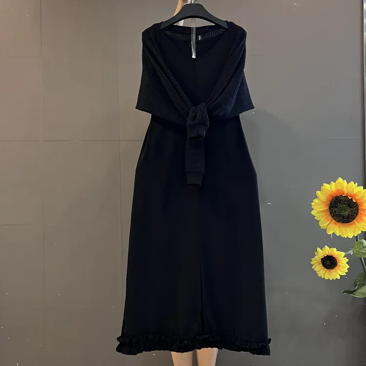 早秋新款洋气披肩袖搭配砍袖中长款显瘦连衣裙两件套