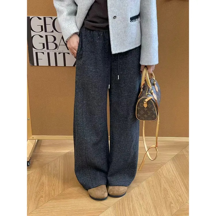 WenWen小个子2025秋冬新款弯刀直筒加绒加厚修身百搭长裤4668