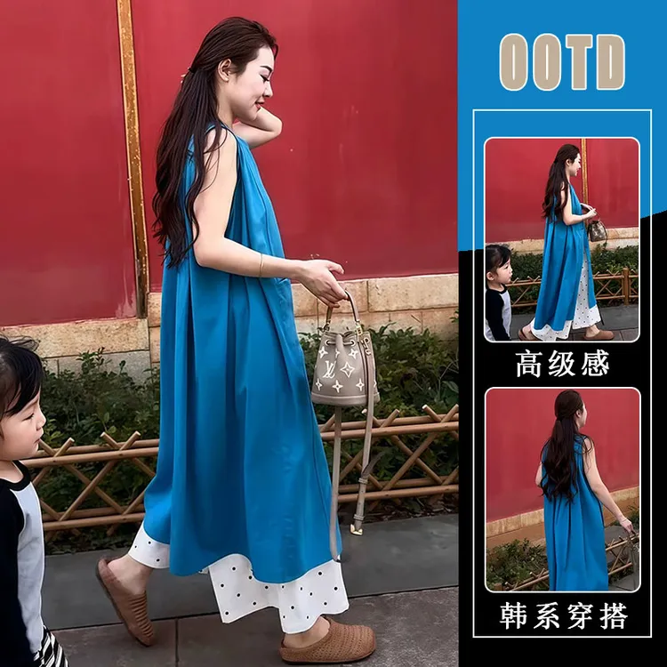 韩系清新甜美蓝色开叉无袖背心连衣裙女2025夏季宽松显瘦日系长裙