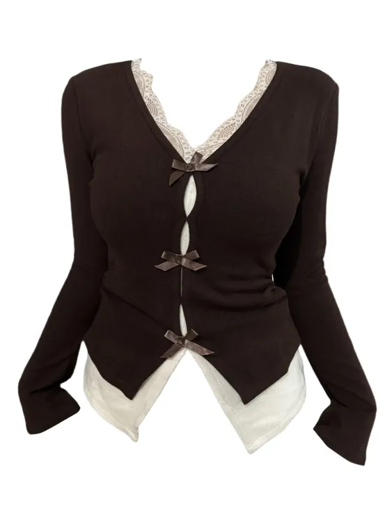 Amy家 大码辣妹v领假两件长袖打底衫女秋冬设计感蝴蝶结显瘦上衣