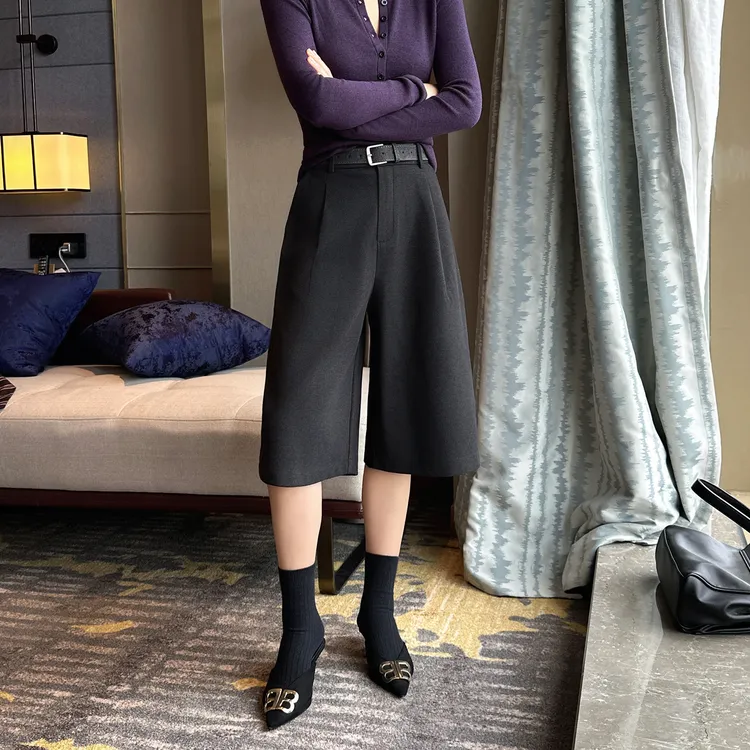 老钱风高腰毛呢西装宽松阔腿七分裤女秋冬新款小个子休闲中裤靴裤