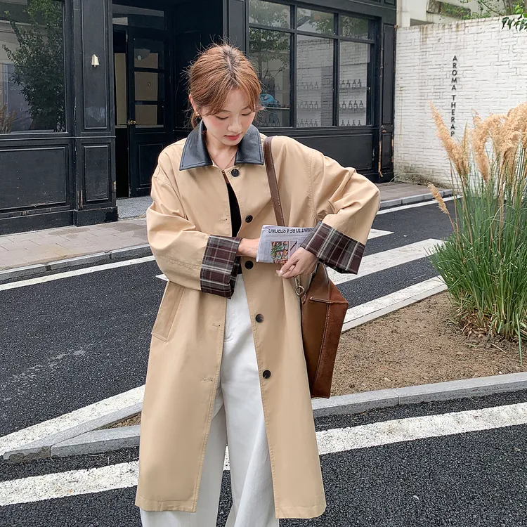 韩系卡其色中长款休闲风衣外套女2025秋新款格纹拼接小众独特大衣