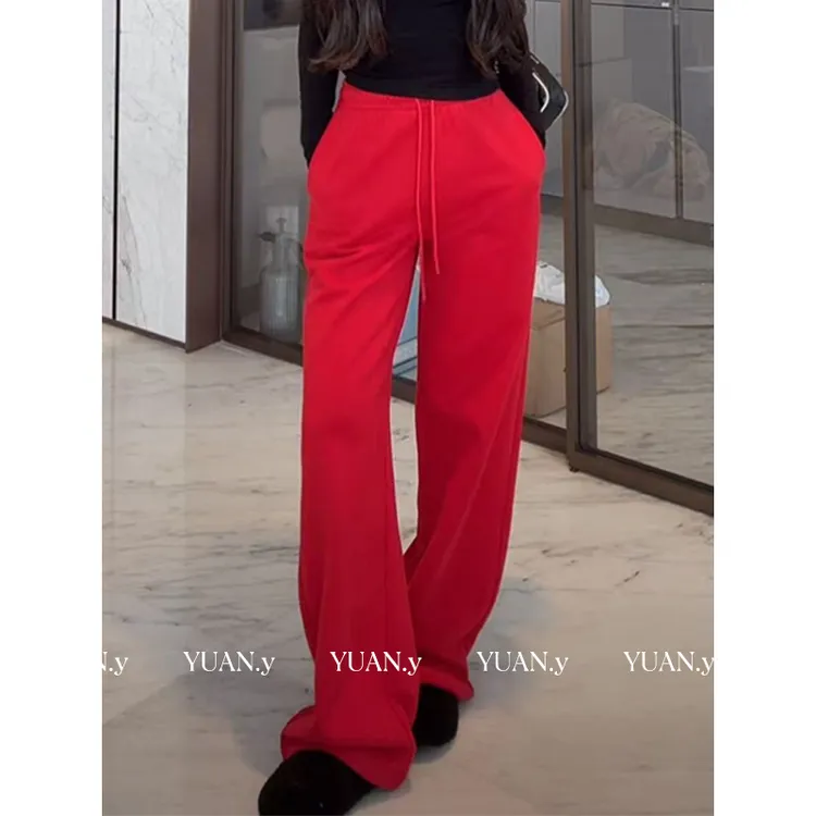 媛媛【落日西海岸】韩系直筒阔腿裤红色卫裤宽松休闲裤女秋冬#K1209