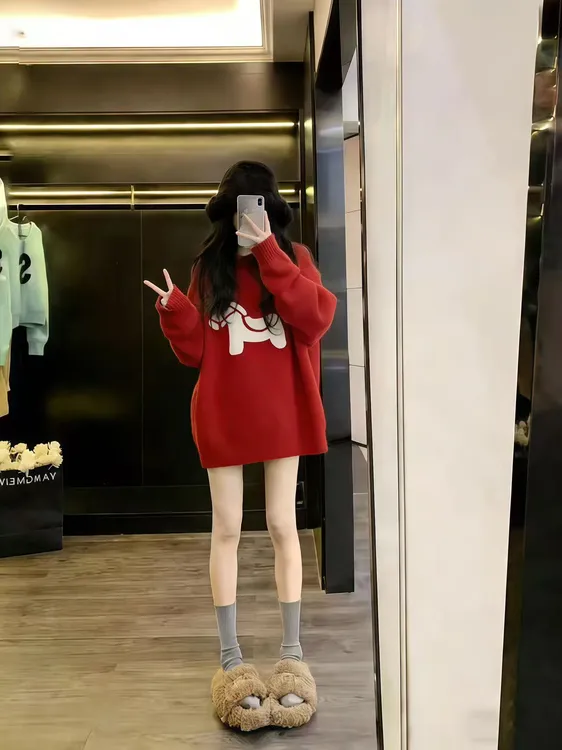 本命新年红色毛衣女秋冬季气质慵懒风韩版宽松显瘦百搭时尚针织衫