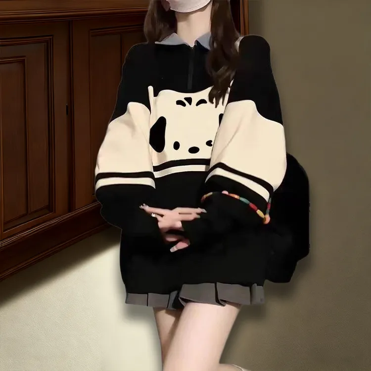 加绒大码polo领拼接印花卫衣男女慵懒风宽松休闲情侣设计感上衣