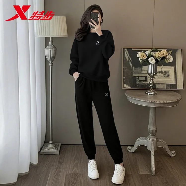 特步运动套装女士秋季新款圆领卫衣小脚卫裤跑步运动服两件套女装