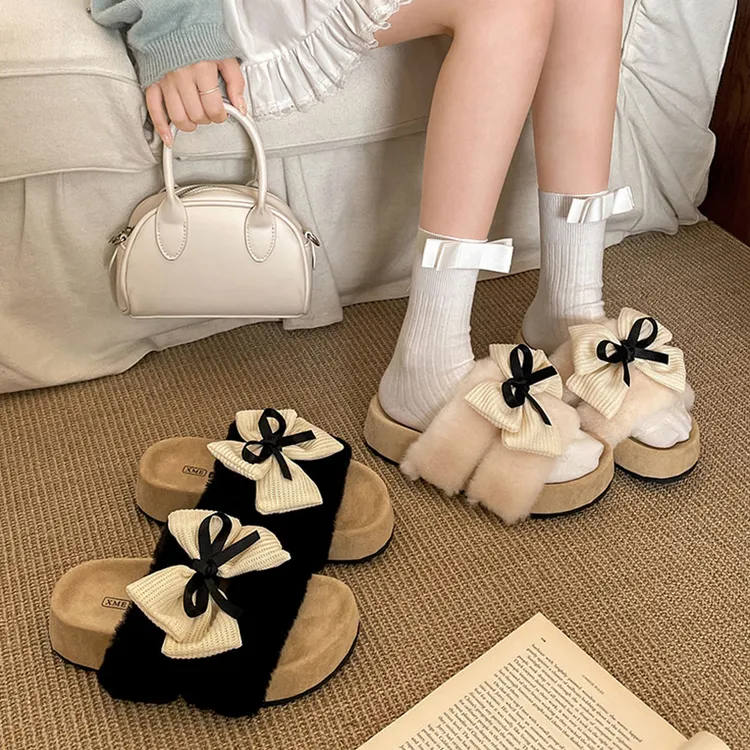 网红白色复古厚底毛毛拖鞋女外穿2025新款秋冬高级感配裙子一字拖