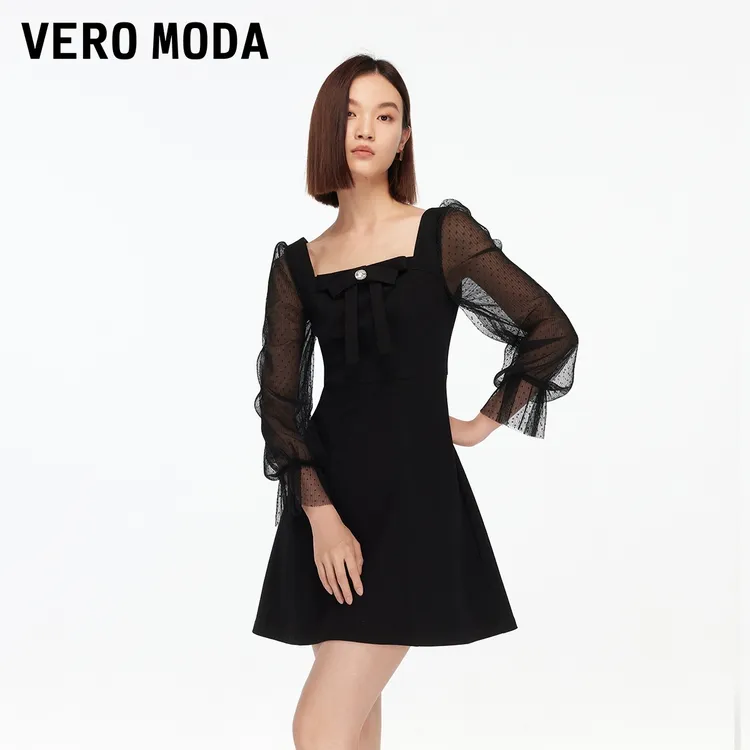 Vero Moda连衣裙2025夏季新款含棉蝴蝶结波点泡泡袖短裙325342007