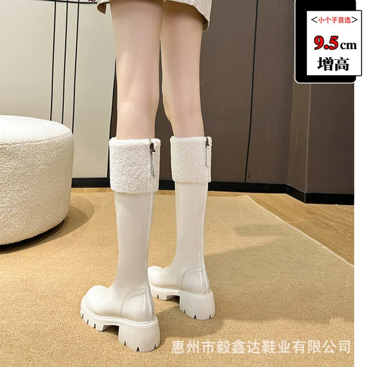 白色长筒靴女羊羔毛冬季加绒小个子高跟长靴保暖厚底内增高骑士靴
