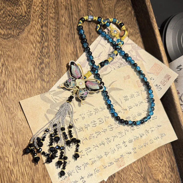 合金布艺项链 宋锦服饰链手工蓝色时尚古风