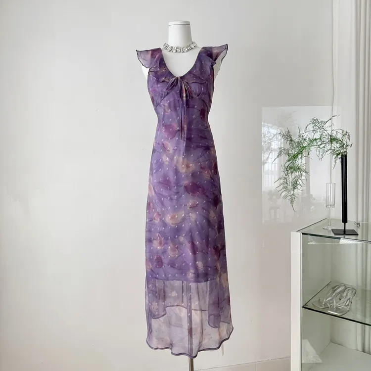 SE GENTLE SUN法式V领系带连衣裙女复古度假风显瘦吊带长裙子