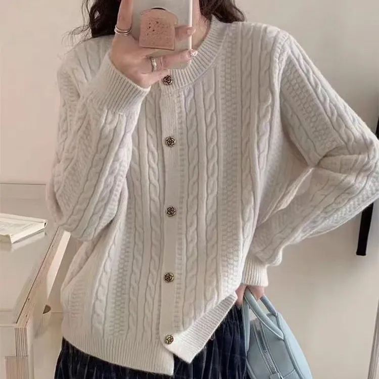 6087复古玫瑰花扣小麻花长袖针织年新款加厚毛衣时尚百搭