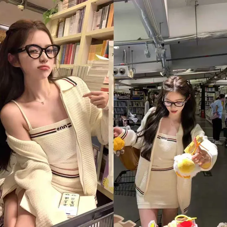 Mlumlu复古欧美风休闲撞色边针织外套三件套套装