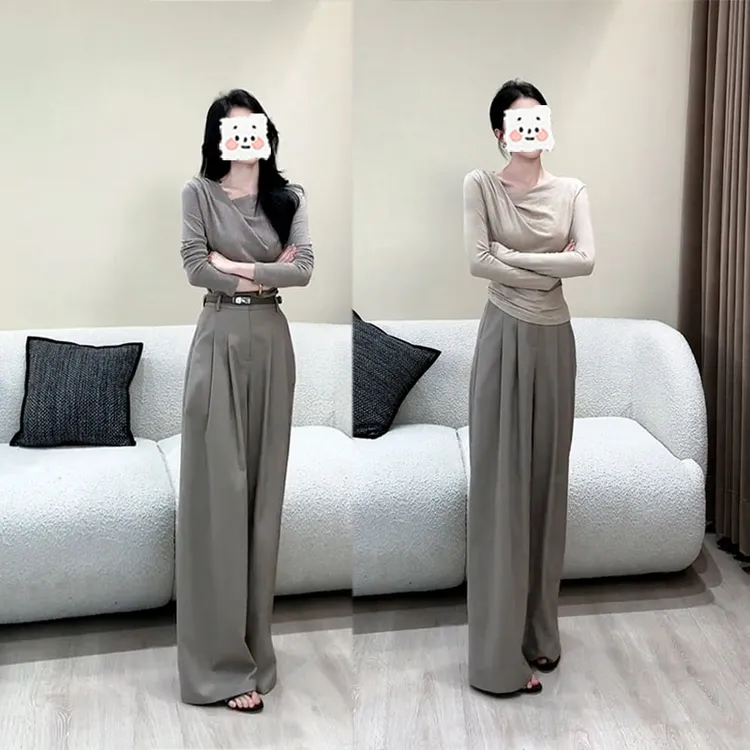 纯欲风法式荡领修身长袖上衣阔腿裤女2025秋季新款百搭气质两件套